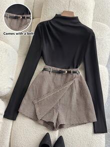 Franclia 休闲百搭打底衫，高领褶皱针织弹力长袖上衣/T恤搭配千鸟格半裙/长裤/短裤，女士秋冬两件套，优雅女士两件套，女士优雅上衣套装，女士新年两件套，棕色千鸟格两件套。 - 黑色 - 查看 1