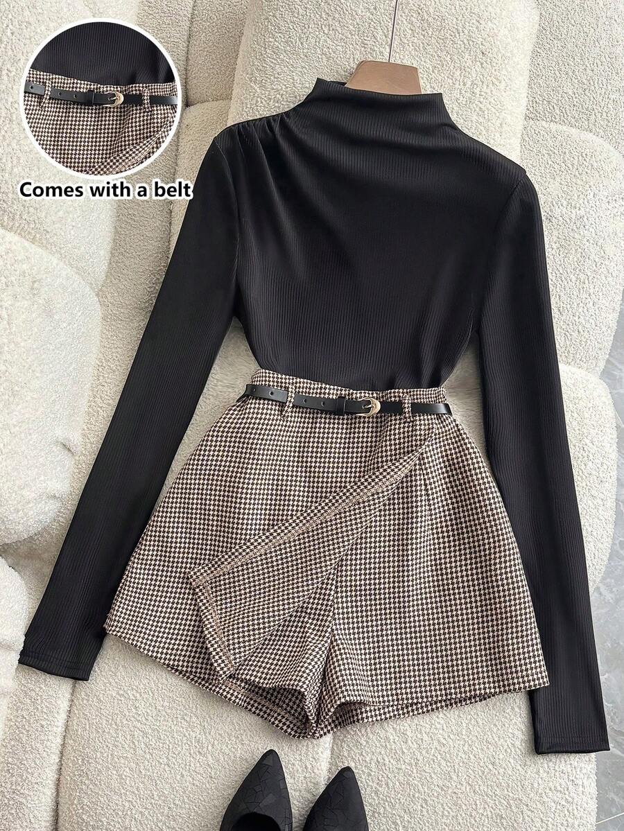 Franclia 休闲百搭打底衫，高领褶皱针织弹力长袖上衣/T恤搭配千鸟格半裙/长裤/短裤，女士秋冬两件套，优雅女士两件套，女士优雅上衣套装，女士新年两件套，棕色千鸟格两件套。 - 黑色 - 查看 1