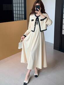 Teen Girls Apricot Contrast Black Decorative Buttons Elegant Commuting 2 Pieces Set With Contrast Color Blocking & Button-Up Design,Suitable For Autumn And Winter Teen Girl Beige Dress Teen Girls Elegant Dress Teen Modest Dress Long Sleeve Midi Dress For Teen Girls Beige Dress And Jacket Set For Teens Teen Girls Elegant Long Sleeve Dress Beige Dress For Teen Girls Long Sleeve Midi Dress For Teens - Apricot - View 5