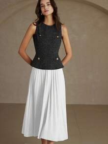 Revavyn 时尚优雅通勤加厚面料+褶裥腰身无袖连衣裙，初秋款 - 黑與白 - 查看 4