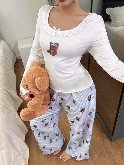 SHEIN 可爱小熊蕾丝装饰修身长袖上衣搭配宽松舒适长裤女士睡衣套装，泰迪熊睡衣套装，女士睡衣套装，秋冬服装