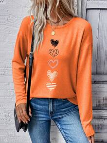 SHEIN LUNE Women's Casual Round Neck Drop Shoulder Long Sleeve Heart Print T-Shirt, Autumn Graphic Tees Women Tops For Spring - Orange - View 6