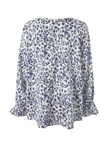 EMERY ROSE Plus Size Women All-Over Print Front Tie Long Sleeve Casual Shirt - Navy Blue - View 2