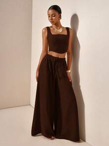 Zivah Nuevo conjunto de 2 piezas de pantalones casuales para vacaciones de primavera/verano con tirantes en forma de espina de pescado y pantalones anchos con bolsillos, de tela texturizada - B - Café integral - Ver 6
