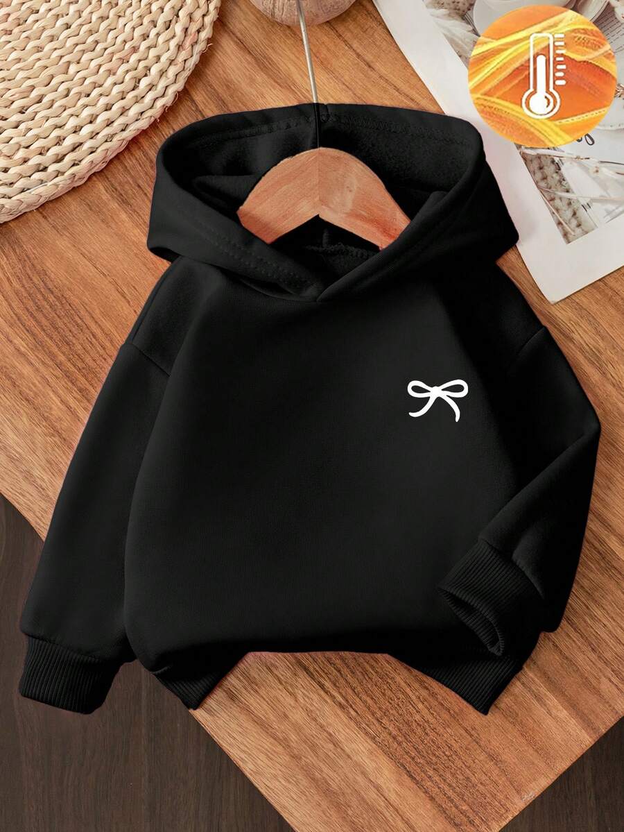 SHEIN Baby Girl Sweet Minimalist Bow Print Hooded Long Sleeve Fleece Sweatshirt, Suitable For Outings In Autumn/Winter