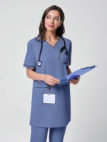 Scrubzie 2件套防皱女士宽松V领撞色长款上衣和裤子工作服套装 - 藍色 - 查看 4