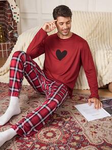 CoupledUp 男士格子爱心印花长袖上衣和裤子家居服套装，冬季服装 - 紅色 - 查看 2