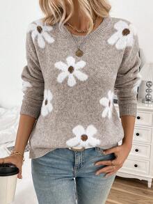 EMERY ROSE Women's Casual Fluffy Flower Pattern Round Neck Drop Shoulder Long Sleeve Knit Pullover Sweater, Autumn/Winter - Mocha Brown - View 4