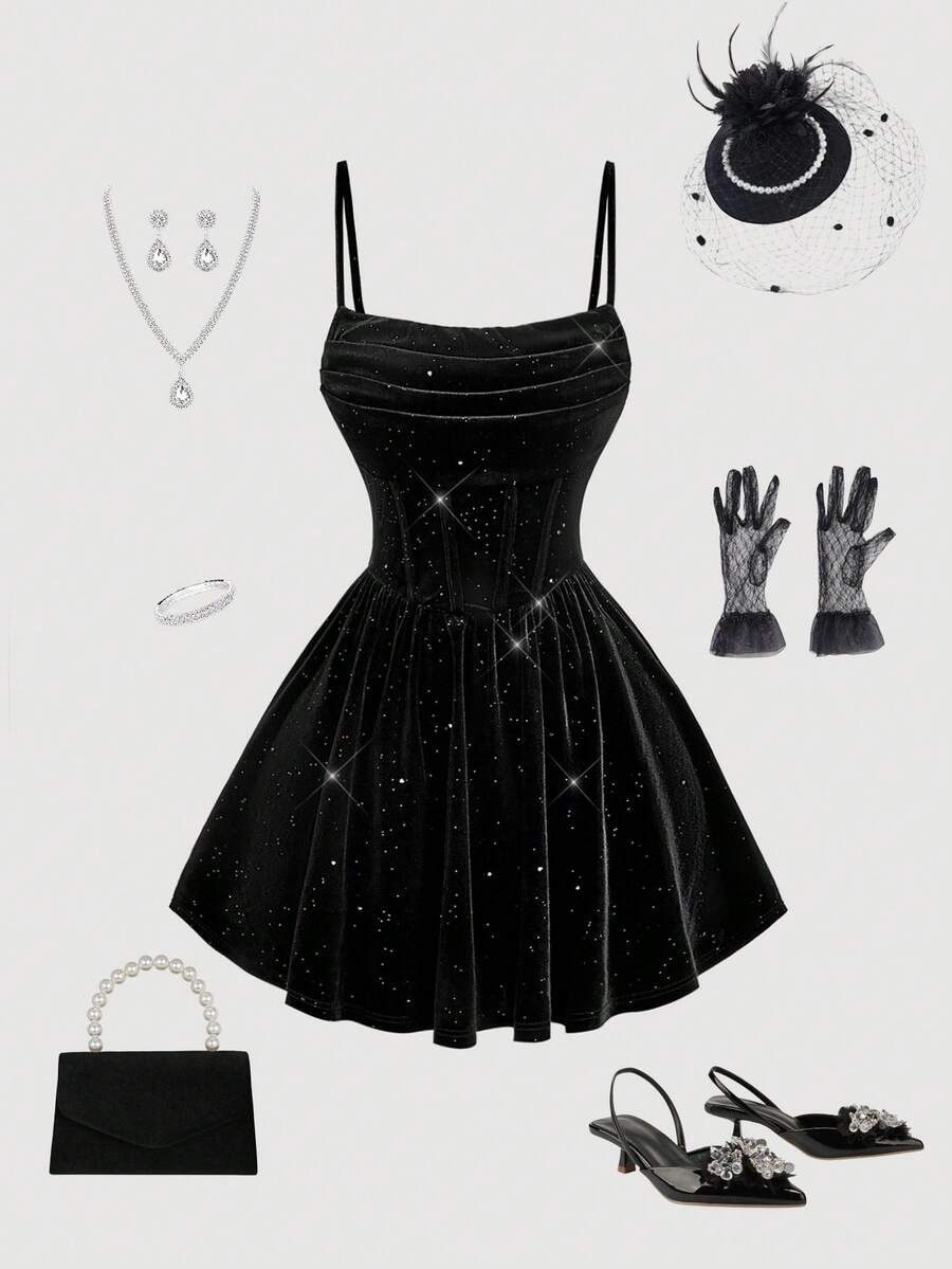SHEIN MOD 女式闪亮短款天鹅绒紧身连衣裙 - 黑色 - 查看 1