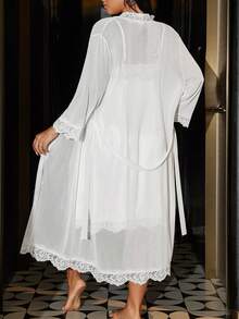 SilkySpell Áo choàng ngủ Maxi xẻ tà phối ren lưới kiểu Pháp thanh lịch, gợi cảm, áo choàng ngủ quyến rũ cho người ngoại cỡ - trắng - Xem 2