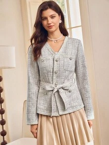 SHEIN Clasi 女士时尚优雅浪漫修身两件套秋冬 - 杏色 - 查看 3