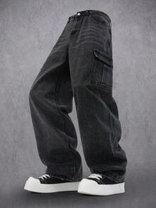 Manfinity Denimwave Manfinity 街头风男士时尚十字架字母水钻装饰牛仔裤 万圣节诸圣节水钻牛仔裤 Y2K 水钻黑色宽松阔腿迪斯科派对破洞牛仔 - 黑色 - 查看 3