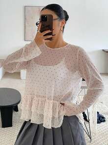 Dazy Plus 长袖波点拼接叠层休闲圆领T恤，白色，春秋季 - 白色 - 查看 7