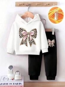 SHEIN 女婴两件套，简约豹纹蝴蝶结连帽卫衣和豹纹蝴蝶结运动裤，适合秋冬季外出穿着 - 彩色 - 查看 3