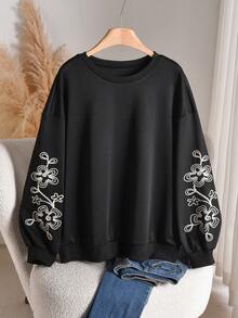 CosyJoli Plus Size Casual Long Sleeve Embroidered Snowflake Washed Loose Fit Crew Neck Pullover Sweatshirt/Winter Fall/Winter - Black - View 1