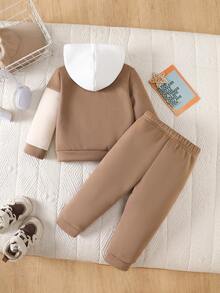 Playful Pals 3件套休闲运动风女婴套装：撞色连帽外套+白色T恤+运动裤，秋冬季 - 卡其色 - 查看 2