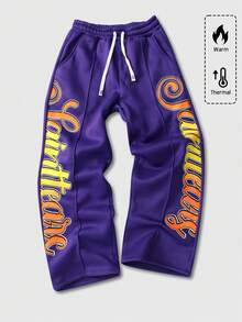 ROMWE MEN Street Life 男士休闲街头美式英伦图案印花直筒运动裤，秋冬 - 紫色 - 查看 4