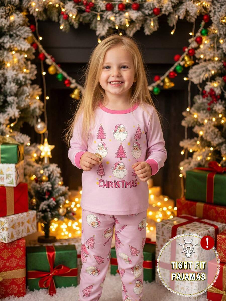 2 件女孩圣诞老人图案睡衣套装，柔软亲肤舒适圆领长袖上衣和裤子，可爱的节日睡衣，圣诞节和新年礼物之选 - 粉色 - 查看 1