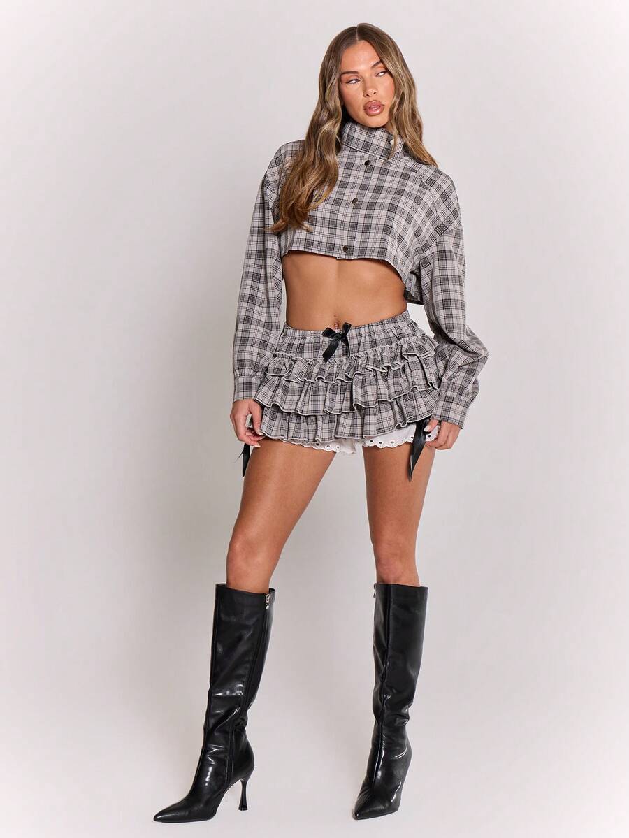 MUSERA 格纹荷叶边蝴蝶结灯笼裤 秋季可爱街头风 节日 农舍乡村 复古 秋季 秋季派对 夏季休闲 - 黑色 - 查看 1