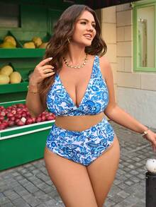 Swim Vcay Zestaw damski, 2 sztuki, z głębokim dekoltem w serek i nadrukiem kwiatowym, z topem na ramiączkach i trójkątnym bikini