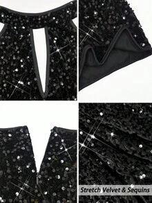 Rafferiza 黑色亮片露背弹力性感无袖后拉链修身女式紧身连衣裙/约会/派对/夜店/街头/万圣节/情人节/生日连衣裙/春夏/秋冬新款短裙 - 黑色 - 查看 5