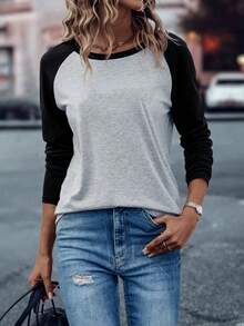 EMERY ROSE Women's Casual Colorblock Raglan Sleeve T-Shirt For Autumn - Multicolor - View 1