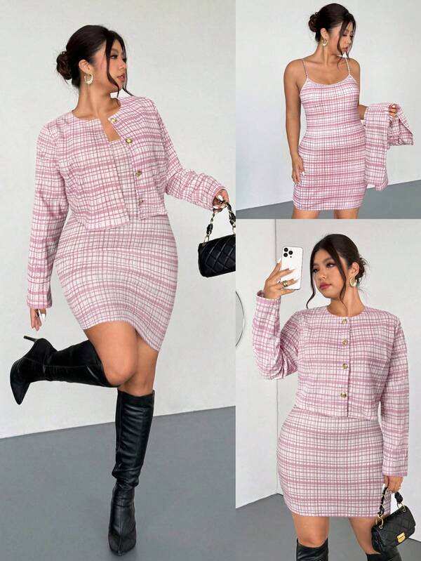 Firerie Plus Size Women Plaid Single-Breasted Jacket And Strap Dress Casual 2 Pieces Set