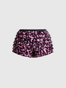 ROMWE Grunge Punk Shorts mini de cintura baja con volantes en capas y estampado de leopardo estilo Y2K - Rosa - Ver 2