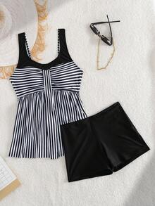 Swim Lushoire 2pcs Striped Patchwork Front Ruched Design Women Camisole Bikini Top - Black and White - View 7