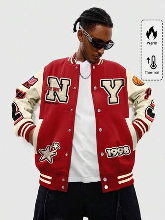 Prep Chaqueta casual de otoño/invierno para hombres con bloqueo de color, costura, botones frontales, patrón de números y letras, y bolsillo