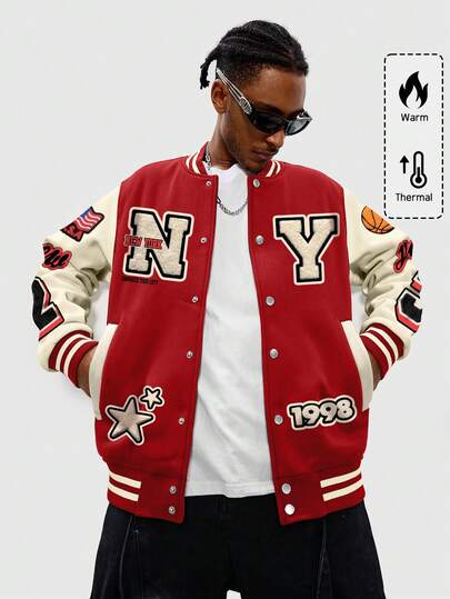 ROMWE MEN Prep Men's Color Block Stitching Front Button Number Alphabet Pattern Pocket Casual Rave Jacket, Fall/Winter