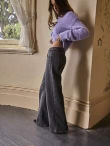 Aralina High Waist Straight Leg Denim Jeans Vintage Metal Button Wide Leg Casual Street Style Pants - Black - View 2