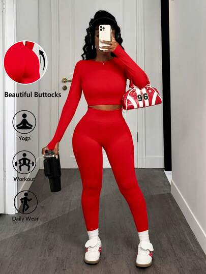 Slaydiva 女士纯色圆领长袖短款运动 T 恤和紧身裤套装 女士健身套装 女士紧身裤套装