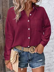 EMERY ROSE Women's Casual Solid Color Button-Up Long Sleeve Shirt - Burgundy - View 6