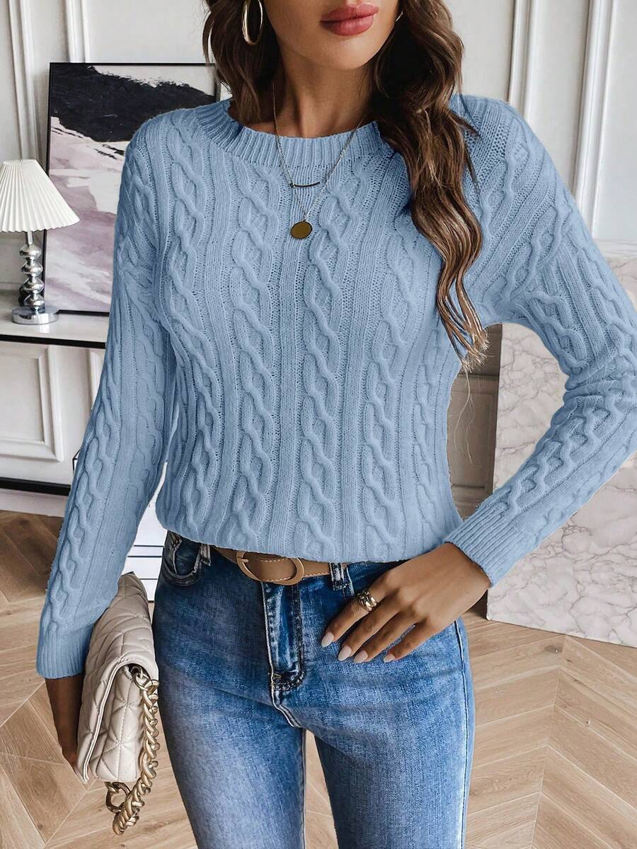 SHEIN LUNE Áo len dệt kim màu trơn đơn giản hở vai cho nữ, Thu/Đông - Màu xanh lam - Xem 1