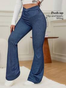 SHEIN Unity Women's High Neck Knotted Waist Casual Versatile Solid Color Jeans - Dark Wash - View 3