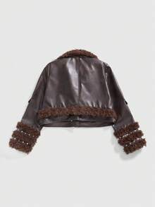 ROMWE Avant 复古前卫棕色PU皮夹克，加大码女式仿毛皮外套 - 彩色 - 查看 2