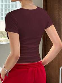 INAWLY 女士针织性感修身Y2K风格T恤，适合日常穿着、运动健身，夏季适用 - 酒紅色 - 查看 2