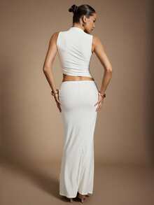 Hauture 女式深棕色闪耀镂空链条细节深棕色超长美人鱼裙 - 白色 - 查看 6