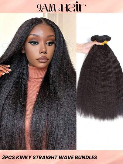 Kinky Straight Hair 3 Bundles Yaki Human Hair Weave Unprocessed Brazilian Virgin Remy Sew In Hair Extensions Natural Black