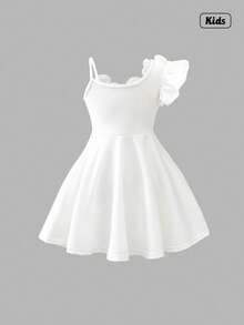 Sweetra Young Girls White Beaded Floral Decor Waist Flared A-Line Dress, Fashion Suitable For Birthday Party, Summer - White - View 2