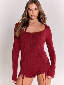 MUSERA Ribbed Knit Bow Detail Fitted Long Sleeve Playsuit Winter Cute Casual Cosy Cherry Lacquer Winter Party Elegant - Red - View 1