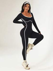 Dewbera Bộ đồ liền thân dài tay tối giản màu tương phản dành cho nữ, đồ thể thao thường ngày - màu đen - Xem 7