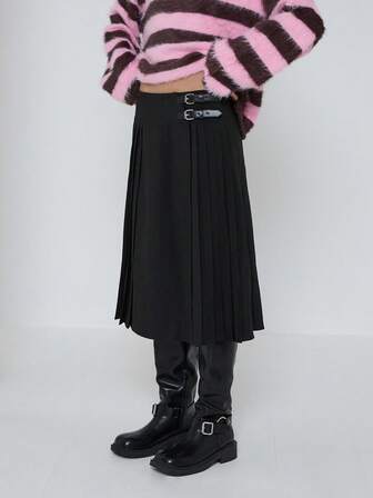 COUREZ 修身百褶中长裙，带搭扣细节 / Y2K 冬季女装 派对装 外出装 性感黑色半身裙 优雅中长裙