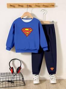 SHEIN Superman X Champster 2pcs/Set Young Boys Casual Loose Comfortable Cartoon Style Long Sleeve Sweatshirt And Pants Set, Suitable For Summer Fall Winter