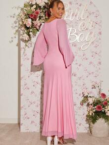 Loomaby Elegant Pink Autumn Pregnant Maternity Dress,Solid Color Flare Sleeve Bow Decor Baby Shower Dress,Gender Reveal Breastfeeding Gown For Photoshoot - Pink - View 2
