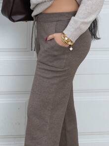Melissa Matos Knitted Large Pocket Detail Tie Waist Trousers Wide Leg Old Money Summer Beach Airport Fall Back To School Autumn Winter Everyday Christmas Work Office - Brown - View 3