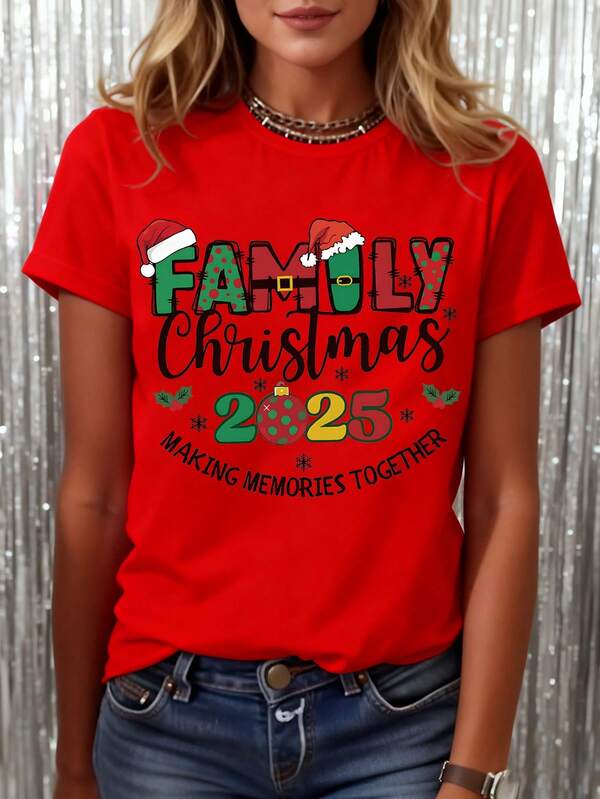 EMERY ROSE Women's Festive Christmas T-Shirt - Casual Round Neck, "Family Christmas 2025" Design, Regular Fit Holiday Top With Santa Hat And Ornament Graphics, Seasonal Clothing| Santa Hat Design| Stretchable Fabric