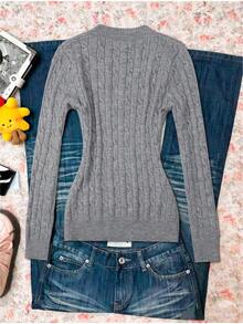 Rina Fox Women's Casual Grey Slim Fit V-Neck Cable Knit Sweater, Autumn/Winter - Grey - View 2