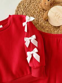 SHEIN 2pcs Baby Girl Cute Casual Knit Red Bow Long Sleeve Sweatshirt And Pants Set Red Two Piece Outfit Toddler Baby Girl Christmas Casual Pant Sets Cherry Baby Outfit Baby Girl Long Sleeve Christmas Outfit Red Baby Outfit - Red - View 4